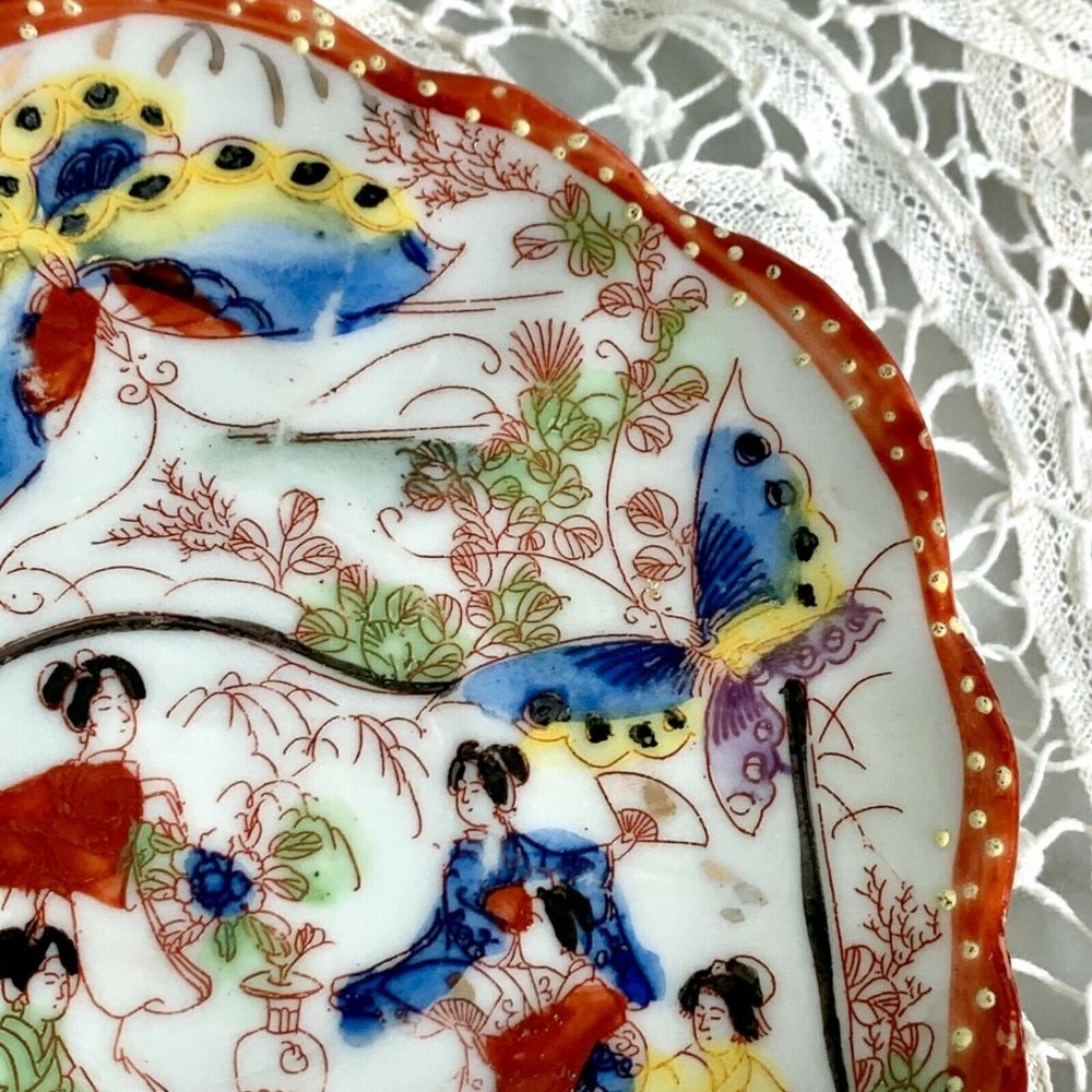 Hand Painted Tea Cup and Saucer Butterfly Geisha Asian Ladies Gold Trim